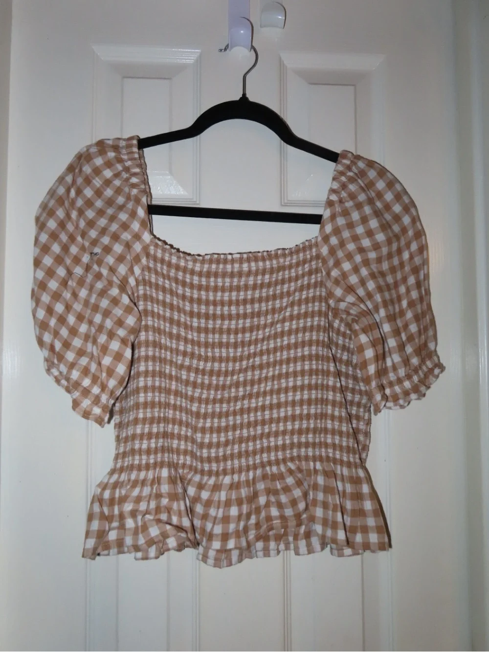 J. Crew Tan and White Gingham Smocked Puff-Sleeve Top